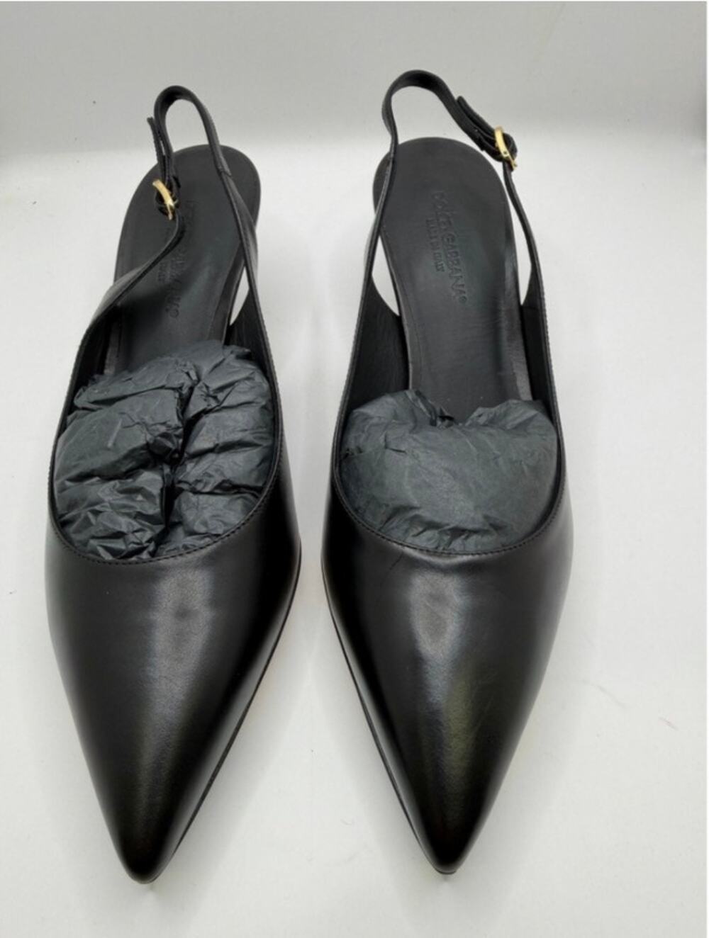 Dolce & Gabbana Black Leather Pointed Toe Slingback Kitten Heels Pumps Luxury